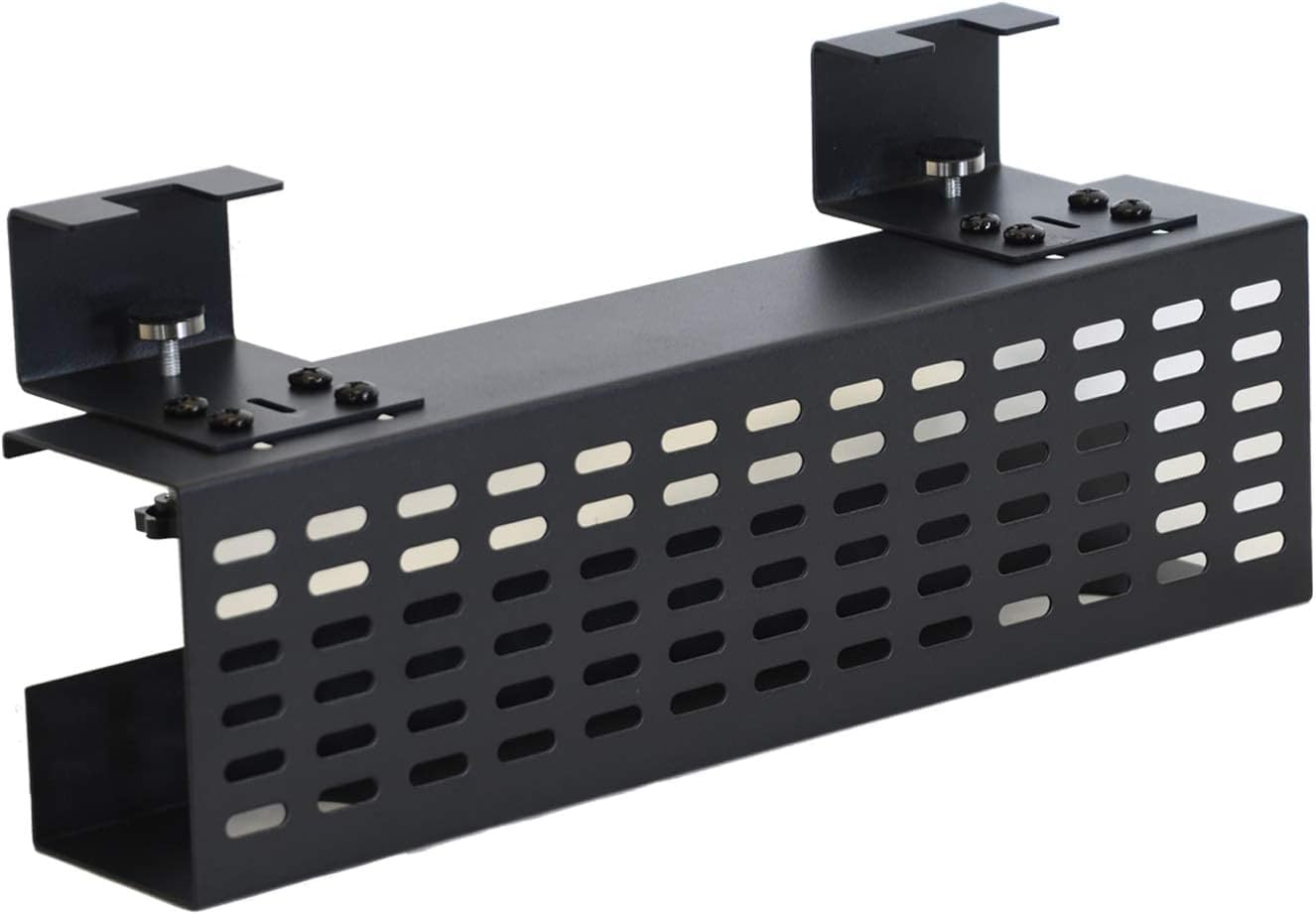 AEONS Under Desk Cable Management Tray Black Horizontal 16-inch Under Desk Removable C Clamp Mount Computer Cord Raceway and Modesty Panel