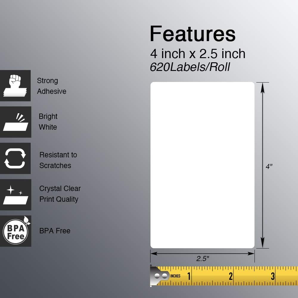 BETCKEY - 4" x 2.5" (102 mm x 64 mm) Shipping & Multipurpose Labels Compatible with Zebra & Rollo Label Printer,Premium Adhesive & Perforated [20 Rolls, 12400 Labels]