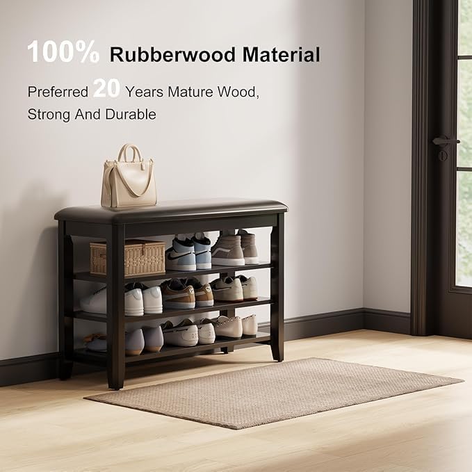 Shoe Bench with Leather Cushion, 3 Tiers Shoe Storage Bench Height Adjustable, Walnut Wood Entryway Bench for Hallway, Mudroom