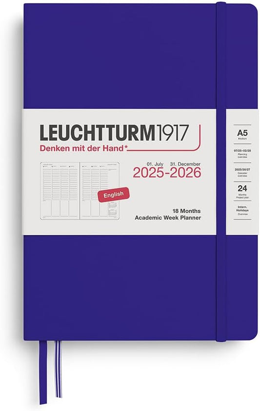 LEUCHTTURM1917 - Academic Week Planner Hardcover Medium (A5), 18-month, Jul. 2025 - Dec. 2026, English, Sky