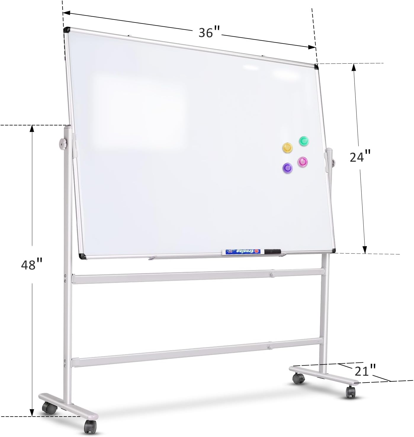 Rolling White Board 36x24 in, Dry Erase Board with Stand, Double-Sided Magnetic Mobile Whiteboard, Height-Adjustable for Office Classroom and Home