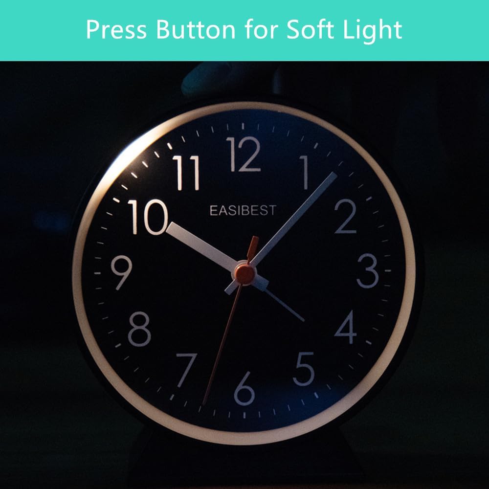 No Ticking Silent Alarm Clock,Easy to Read and Use,Ascending Sound,1 AA Battery Operated,Snooze Light,Bedside Desk Clock,Black