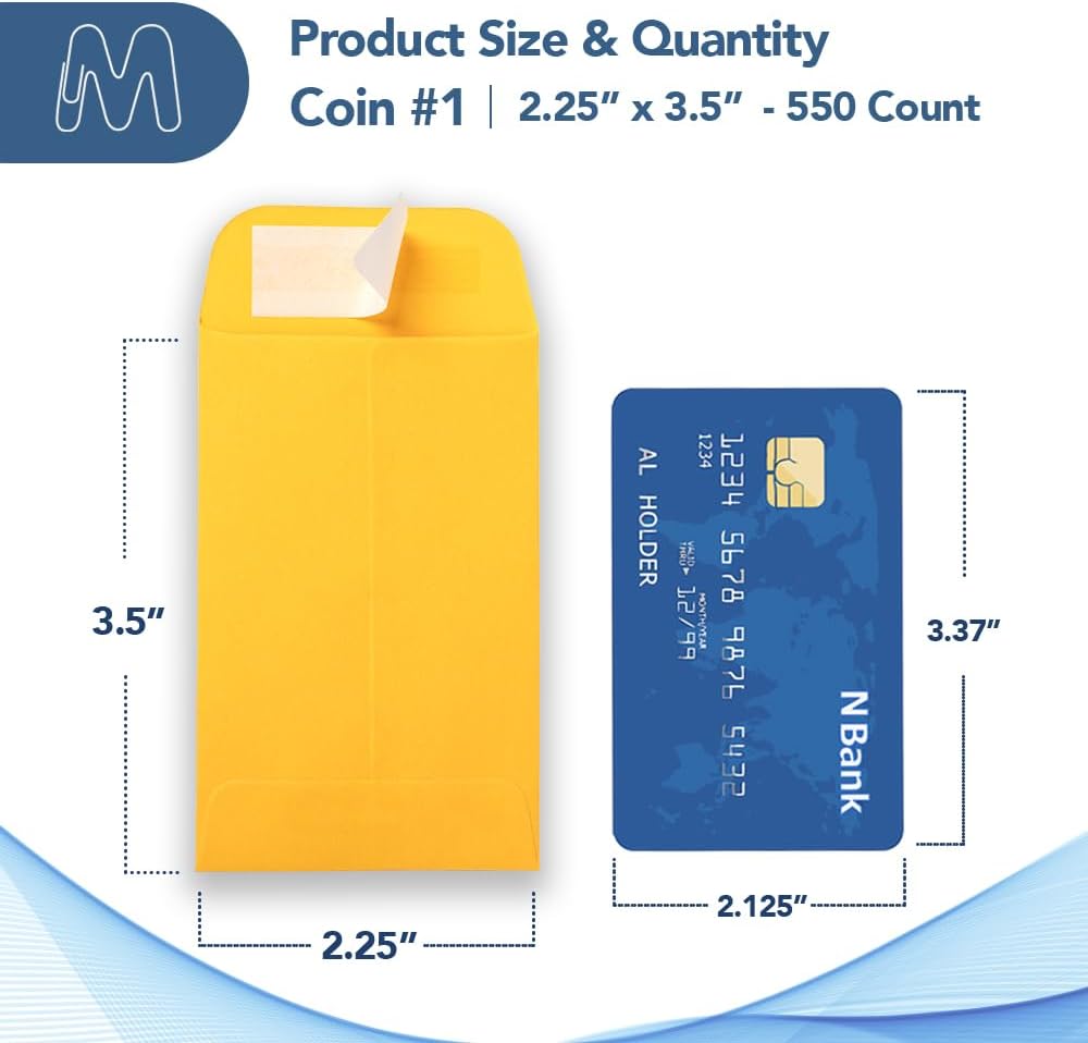 MOS #1 Gold Coin Envelopes 2.25 x 3.5 Inch 550 Pack — Self-Seal Yellow Small Envelopes for Coins, Seeds, Small Parts, Collectibles, Jewelry, Craft Storage