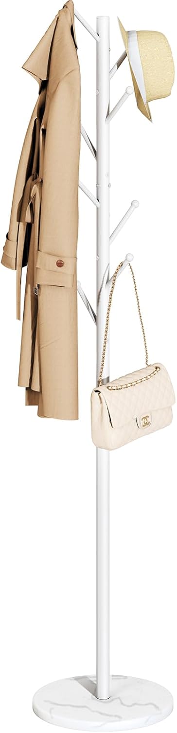 Yoobure Coat Rack Freestanding with Natural Marble Base - Coat Tree with 8 Hooks Heavy Duty Coat Hanger Stand, Metal Coat Rack Stand for Jacket, Hat, Clothes & Bag, Hall Tree Hat Rack for Entryway