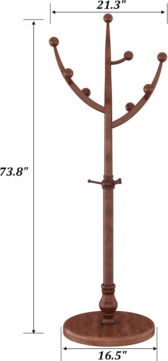 HOMEFORT Coat Rack Freestanding, Wooden Coat Rack with 11 Hookss, Rubber Wood Coat Hanger with Sturdy Round Base, Vintage Coat Hat Rack for Entryway, Hallway, Bedroom,Walnut