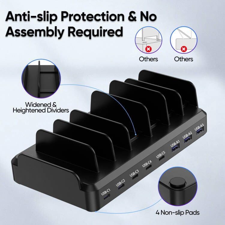 300W Charging Station for Multiple Devices, 8 Port Multi USB C Fast Charger Station Dock for MacBook iPhone 16/15/14/13/12 Samsung Pixel Series iPad, Black (6 Mixed Short Cables Included)