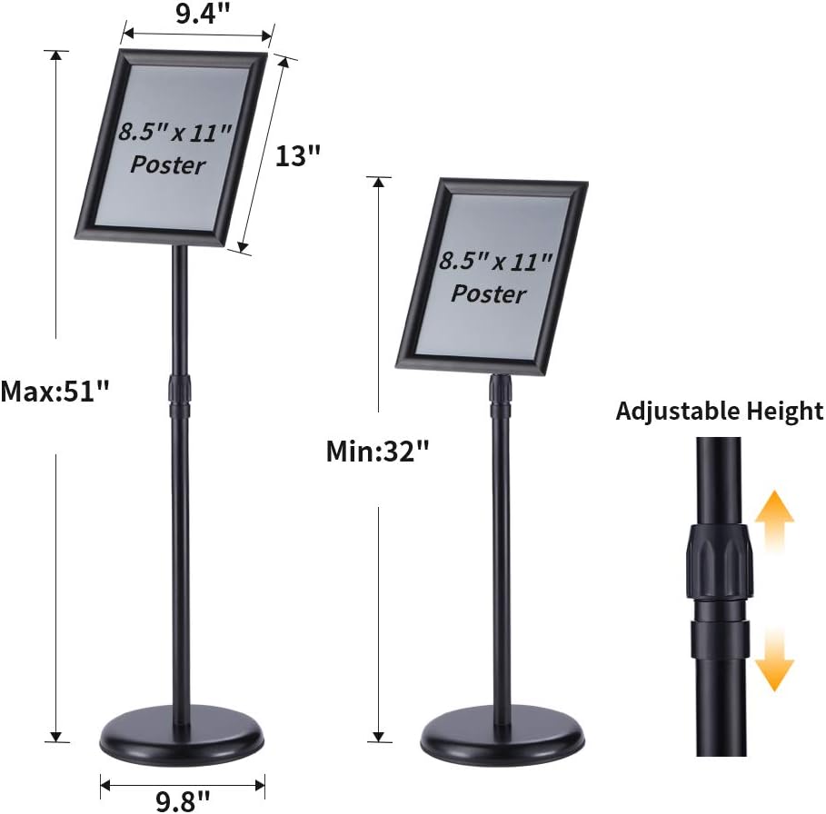 Adjustable Pedestal Poster Sign Stand 8.5x11 inchs, Black Floor Standing Sign Holder with Aluminum Snap Open Frame for Vertical/Horizontal Sign Displayed, for Store/Office/Hotel/School