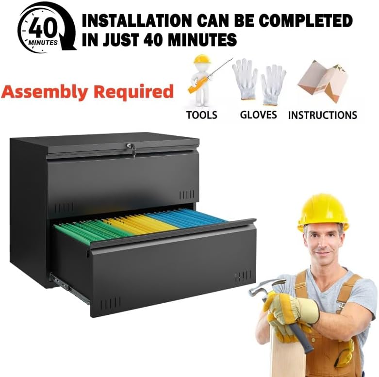 Metal File Cabinet with Lock, 2 Drawer Lateral File Cabinets for Home Office, Printer Stand, Heavy Duty Office Storage Cabinet for A4/Letter/Legal Size, Assembly Required(Black)