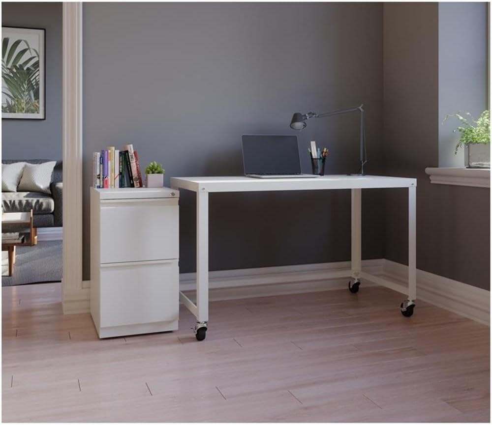 BOWERY HILL 2 Drawers 27.75" Vertical White Metal Filing Cabinet Lockable Pre-Assembled Movable Letter Size for Home, Office