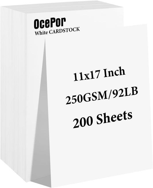 OcePor 200 Sheets White Cardstock 11” x 17”, 92lb/250gsm Card Stock, Thick Card Stock Paper, Heavy Cardstock Paper for Printer, Resume, Scrapbooks, Art, Crafts, Business Cards