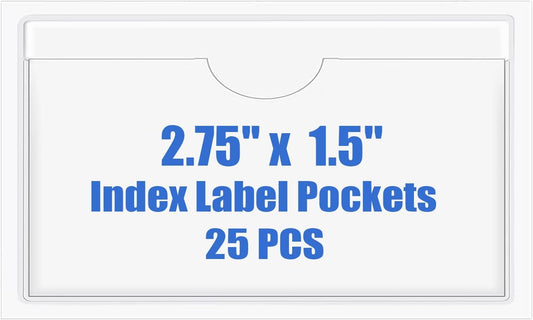 Origin-Joy 25 PCS Self-Adhesive Index Label Pockets, Clear Plastic Peel & Stick Card Holders with Top Open for Loading (2.75 x 1.5 inch)