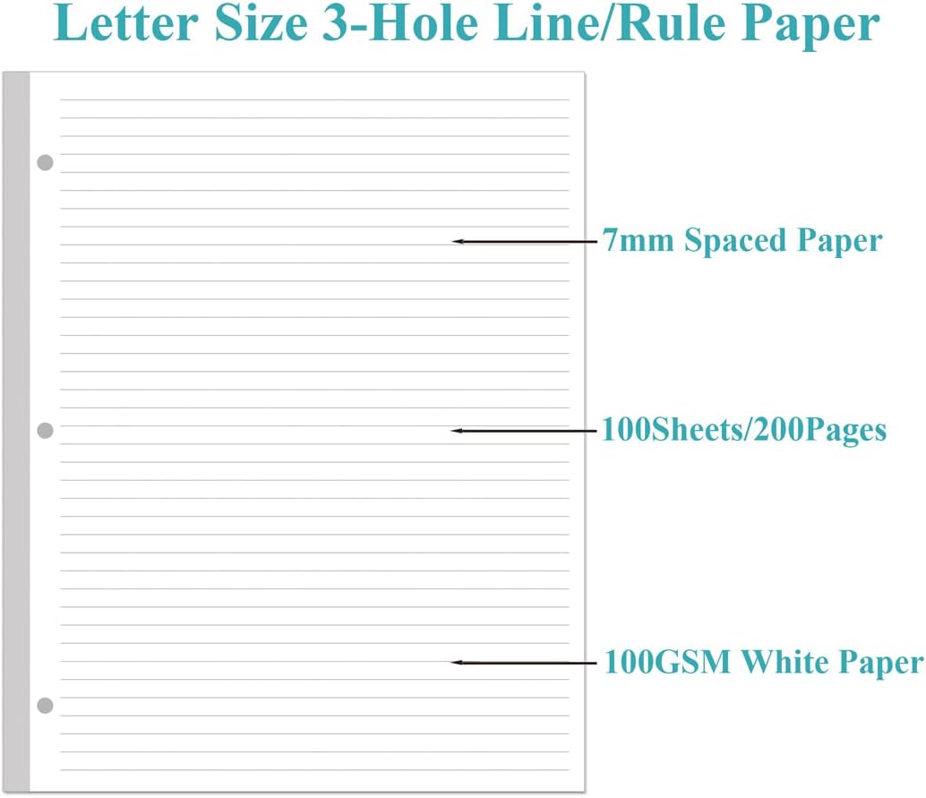 3-Hole Lined Refill Paper, Letter Size Punched Ruled Filler, 100 Sheets / 200 Pages, 100gsm White Paper, 8.5'' x 11''