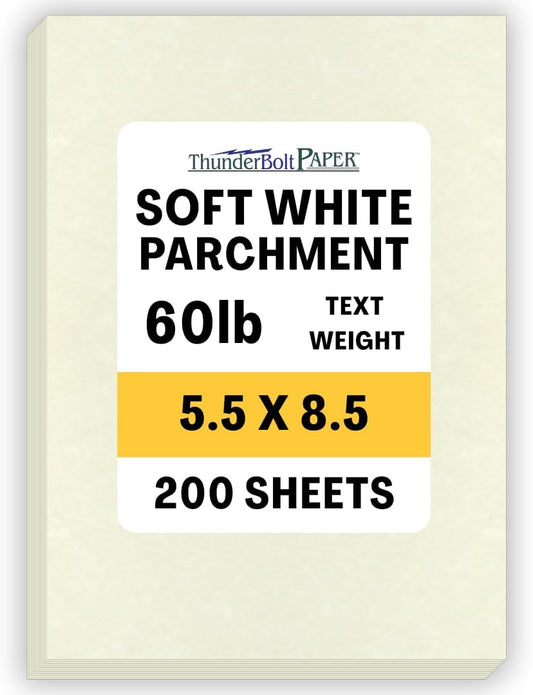 200 Soft White Parchment 60# Text (=24# Bond) Paper Sheets - 5.5 X 8.5 Inches Half Letter | Statement Size Size - 60 Pound is Not Card Weight - Vintage Colored Old Parchment Semblance