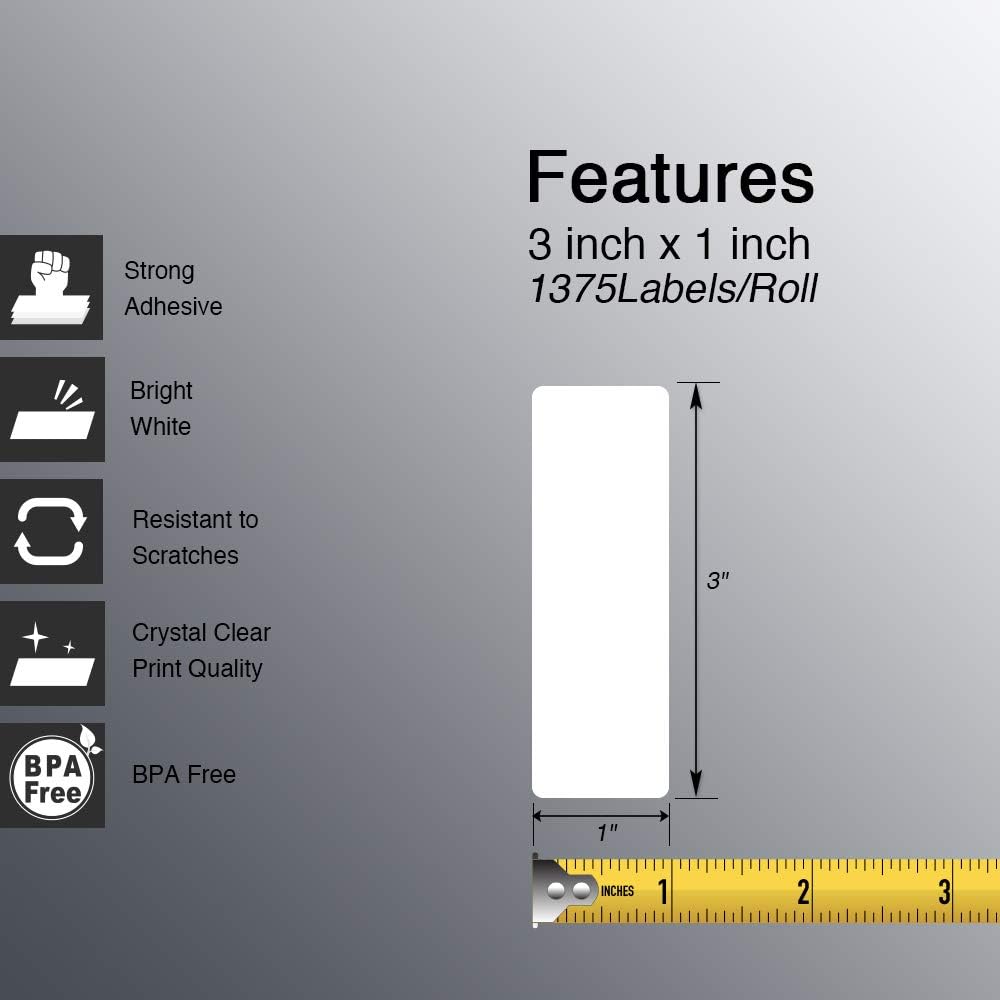 BETCKEY - 3" x 1" (76 mm x 25 mm) UPC Barcode & Address Labels Compatible with Zebra & Rollo Label Printer,Premium Adhesive & Perforated [10 Rolls, 13750 Labels]