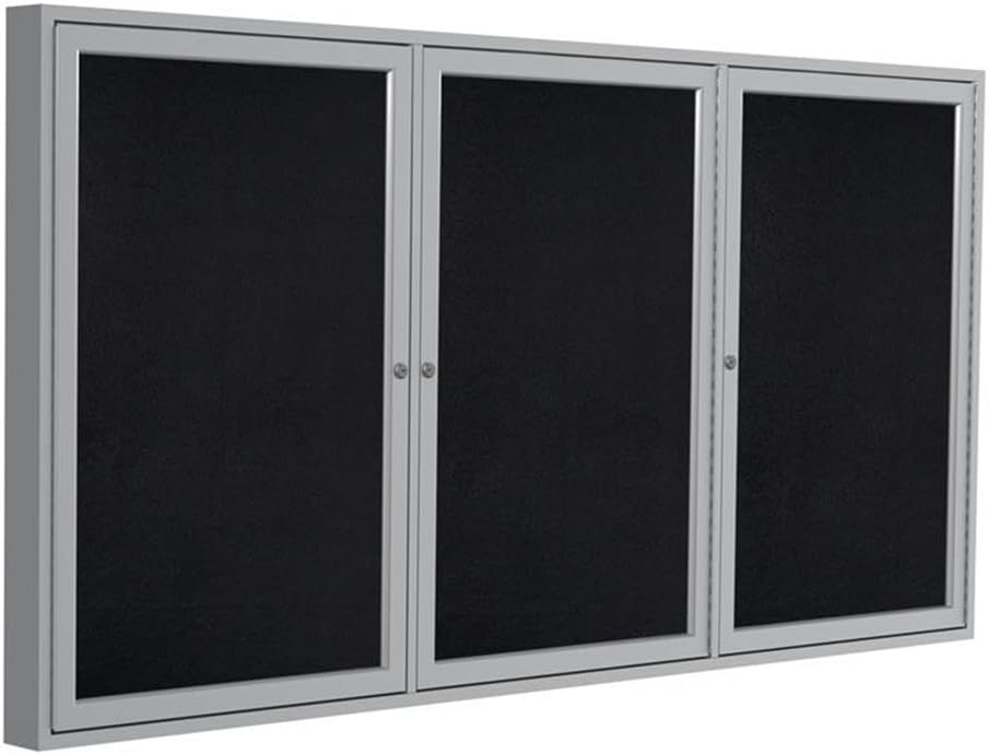 Ghent 48" x 96" 3-Door indoor Enclosed Recycled Rubber Bulletin Board, Shatter Resistant, with Lock, Satin Aluminum Frame,Black (PA34896TR-BK)-Made in USA
