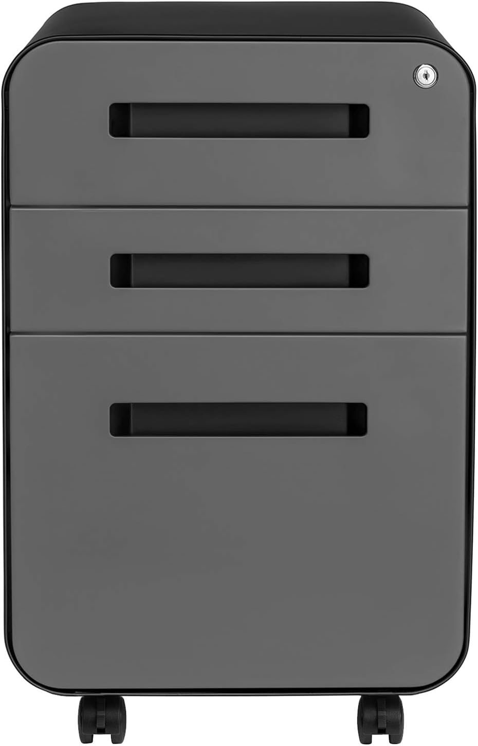 Laura Davidson Furniture Stockpile 3 Drawer File Cabinet with Lock - Under Office Desk Metal Filing Cabinet, Legal/Letter File Folders, Wheels and Stationary Feet, Pre-Assembled, Black/Grey