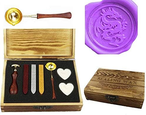 MNYR Dragon Wax Seal Stamp Melting Spoon Sealing Wax Stick Candle Wood Gift Box Set Invitation Holiday Christmas Card Gift Wrap Package Wax Seal Stamp Kit