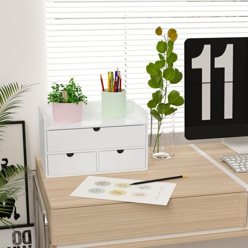 Wisuce Bamboo Desk Organizer - Mini Bamboo Desk Drawer Tabletop Cosmetic Storage Organization for Office or Home White with Shelf