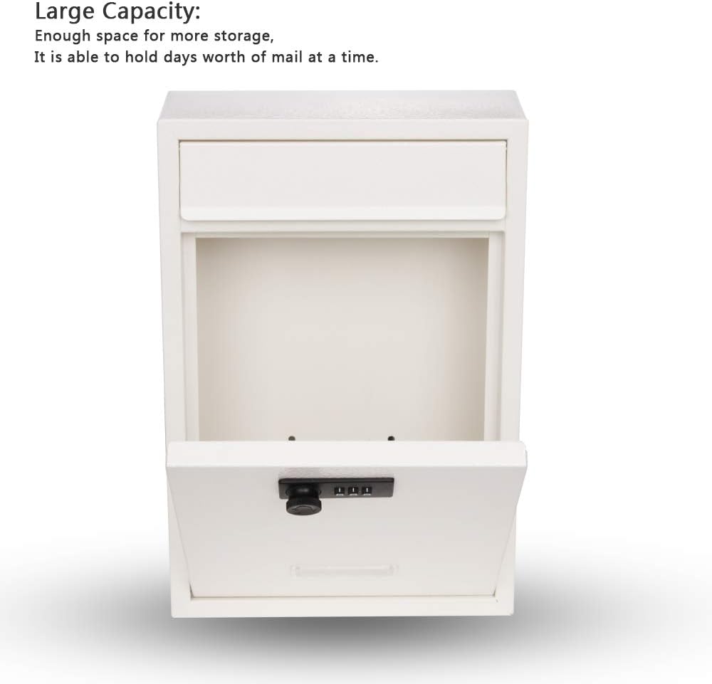 KYODOLED Locking Wall Mount Mailbox, Mail Boxes with Combination Lock for Outside, Security Drop Box with Code,12.4H x 8.54L x 3.35W Inches, White