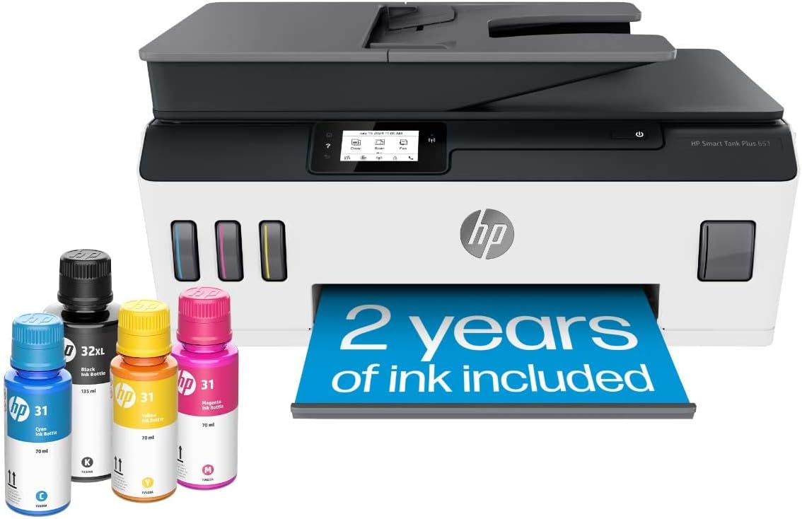 HP Smart -Tank Plus 651 Wireless All-in-One Ink -Tank Printer, up to 2 Years of Ink in Bottles, Auto Document Feeder, Mobile Print, Scan, Copy,, Fax, Works with Alexa (7XV38A)