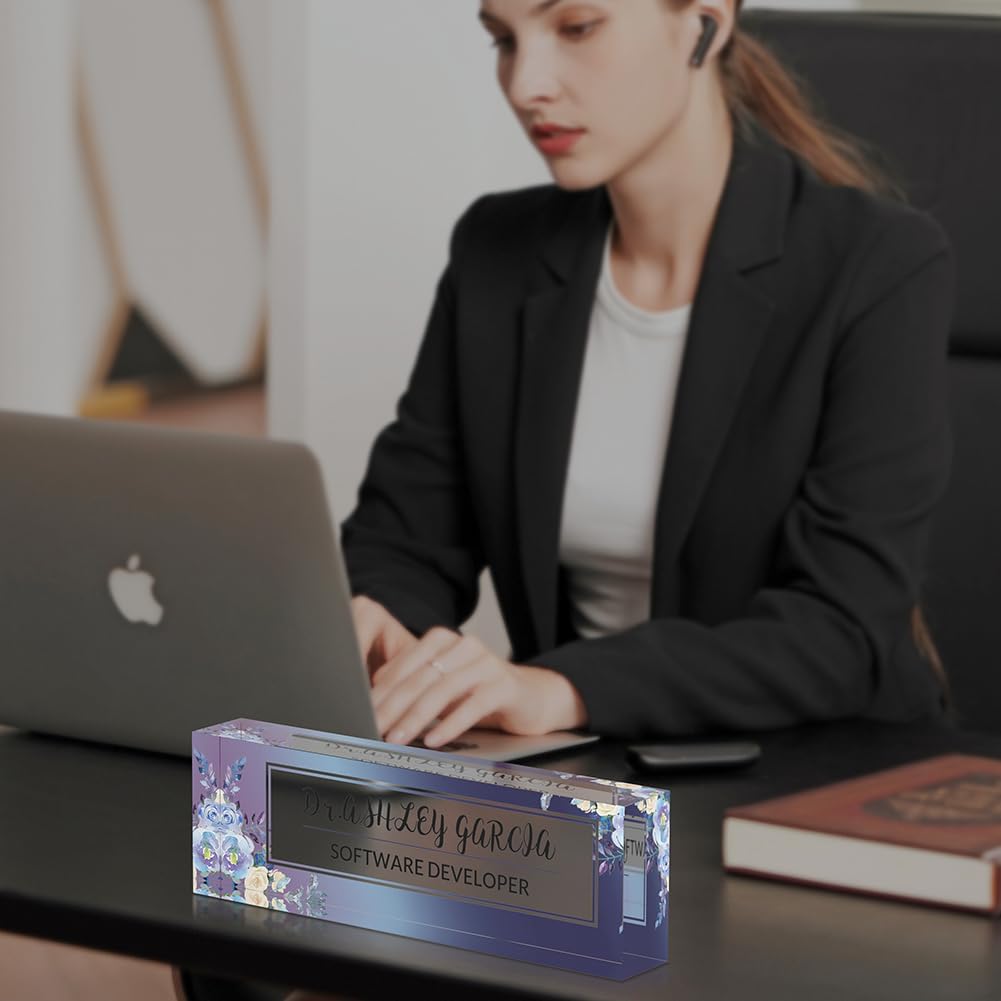 Personalized Office Desk Name Plate on Acrylic Glass - Custom Nameplate Decor, Accessories - Gift for Boss, Coworkers