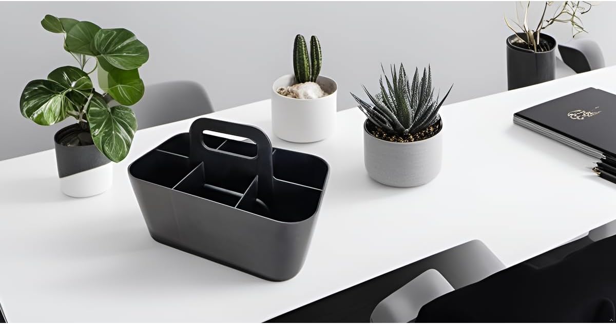 2 Pack Small 6 Compartment Multiuse Caddy Organizer with Handle Art Craft Supplies, Office, Desk, Stationery Pen Holder Stackable- Made In USA (Black)