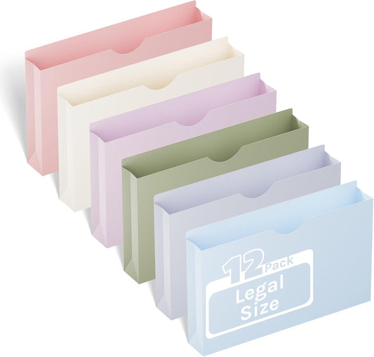 ANSOOK Plastic File Jackets,2" Legal Size Manilla Folders,12 Pack Expanding File Folder,Heavy Duty Expansion Pocket,File Cabinet Folders,Straight Cut Tab,Morandi Color Manila Folder for Home Office