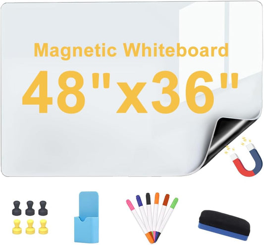 Magnetic Dry Erase Whiteboard for Refrigerators, 48" x 36" White Board on Wall for Organizer and Planner, Kitchen Fridge Shopping List with Marker, Magnetic Eraser and Magnets