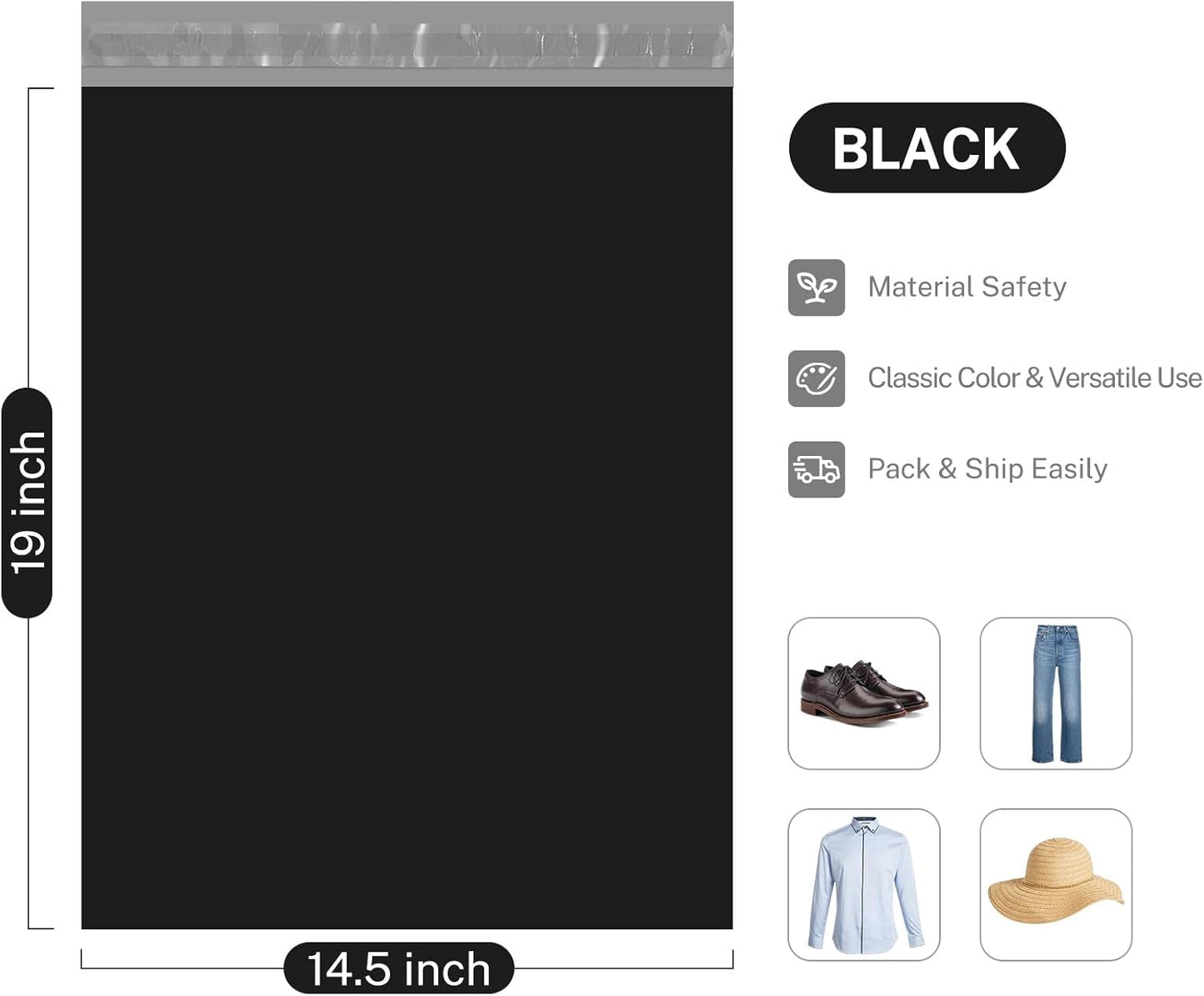 Metronic Poly Mailers 14.5x19 200 Pcs | Large Shipping Bags for Clothing | Strong Adhensive Mailing Bags for Small Business, Shipping Envelopes Bags, Tear-resistant Package Bags in Black