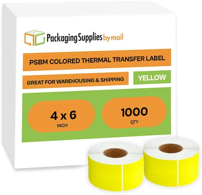 PSBM Thermal Transfer Labels, Yellow, 4x6 Inch, 4 Rolls, 1000 Labels/Roll, 3 Inch Core, Perforated, Must Have Thermal Ribbon (Not Included)