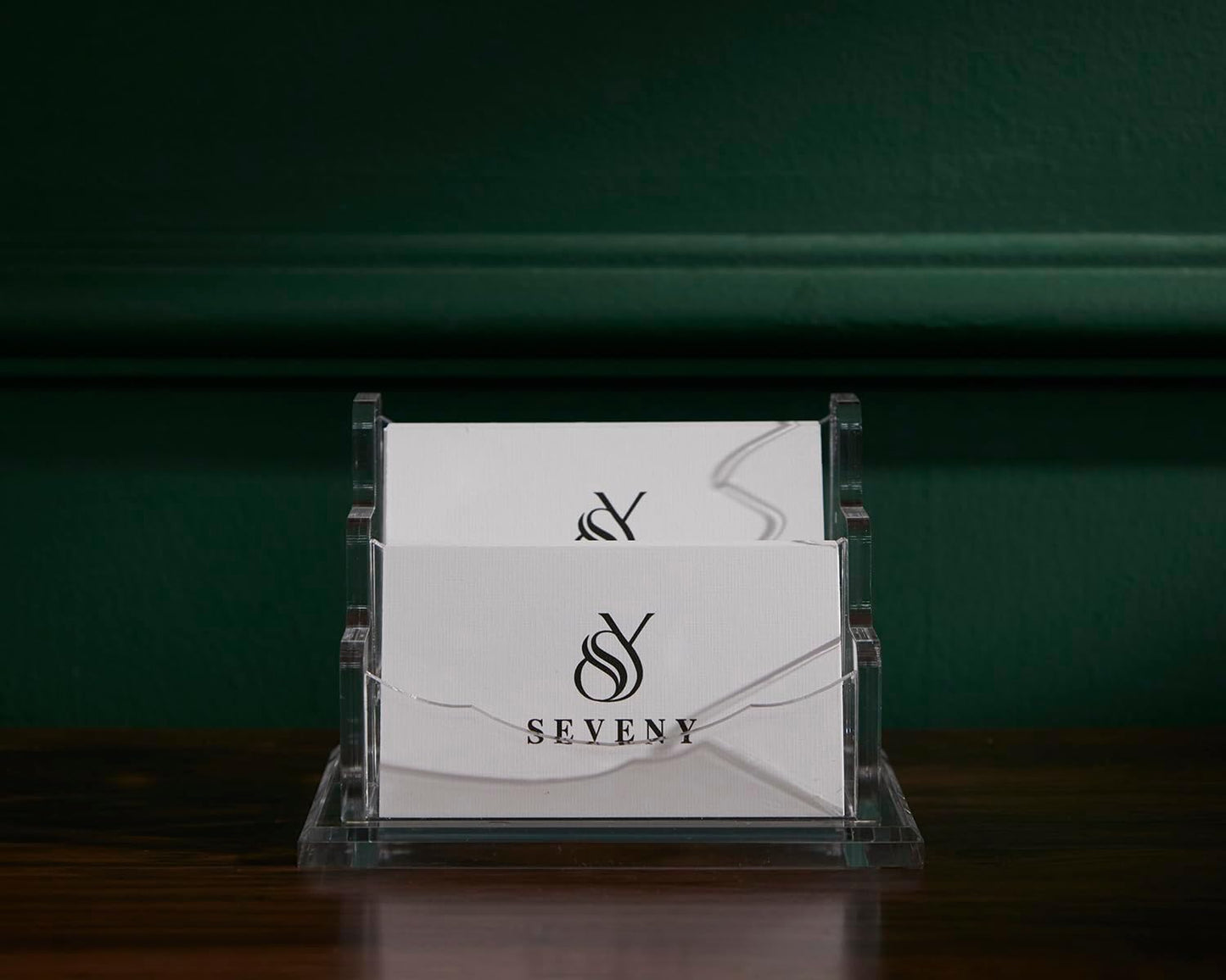 SEVENY Business Card Holder, Clear Acrylic Cards Organizer Stand for Men and Women, Business Cards Case Rack 1 Pack, Holds 120 Cards-2 Slot