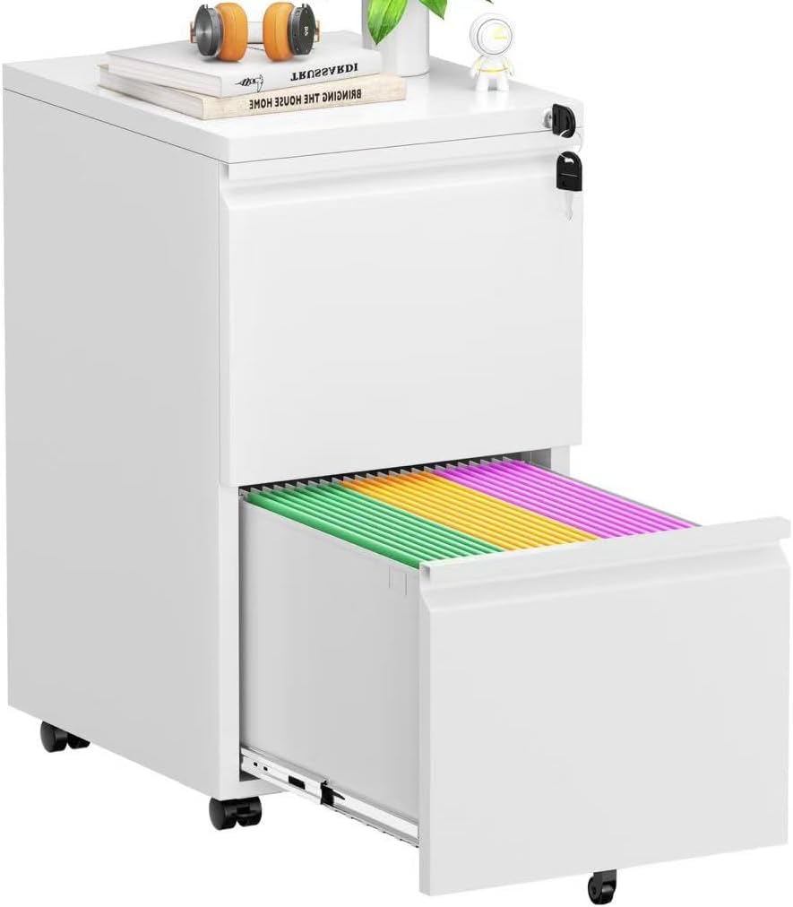 Superday 2 Drawer File Cabinet, Metal Rolling Filing Cabinet with Lock, Small File Cabinets with 2 Drawer, Filing Cabinets for Home Office Fit A4/Letter/Legal, Easy Assemble, White
