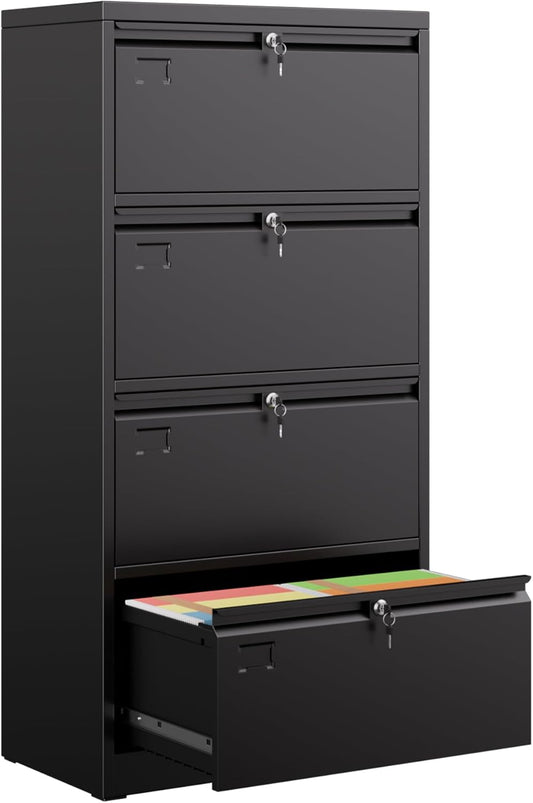 Metal 4 Drawer Lateral File Cabinet with 4 Lock - Wide Filing Cabinet for Letter/Legal/F4/A4 Hanging Files - Includes Business Card Holder,Home Office School Storage,Black