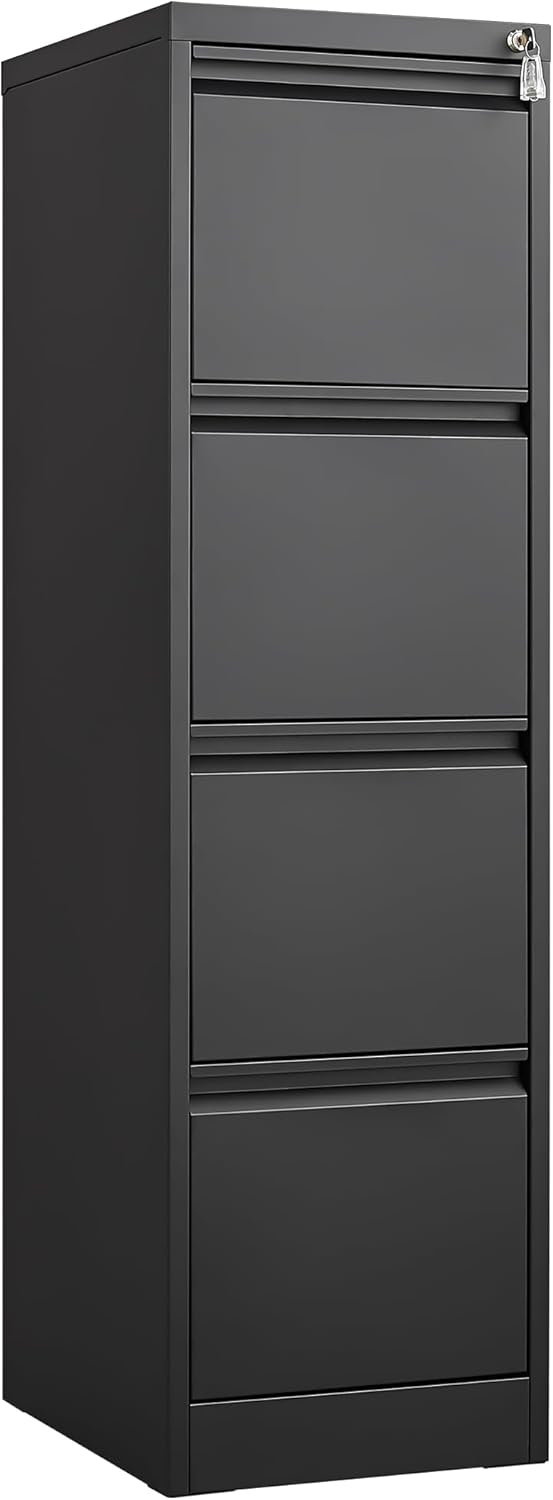 4 Drawer File Cabinet with Lock, Vertical File Cabinets for Home Office, Metal Filing Cabinets, Heavy Duty Steel Lockable Filing Storage Cabinet for Letter/Legal/A4/F4 Size Files, Black