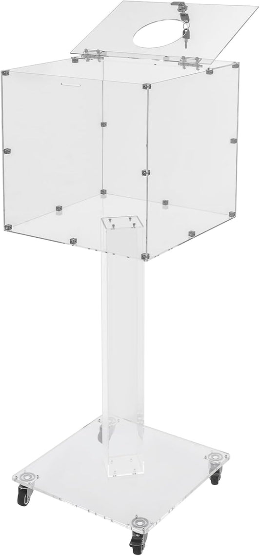 Suggestion Box with Stand, Floor Standing Offering Box with Wheels, Acrylic Locking Ballot Collection Safe Box for Voting Contest Charity Donation Church Election (Transparent (Round Opening))