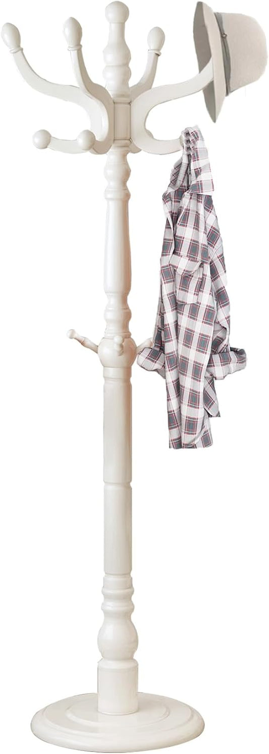 Wooden Coat Rack, Heavy Duty Coat Rack Freestanding with 11 Smooth Hooks, Coat Tree, Vintage Clothes Hanger Stand with Stable Disc Base for Bedroom, Entryway, Office-Load 180lbs (Ivory White)