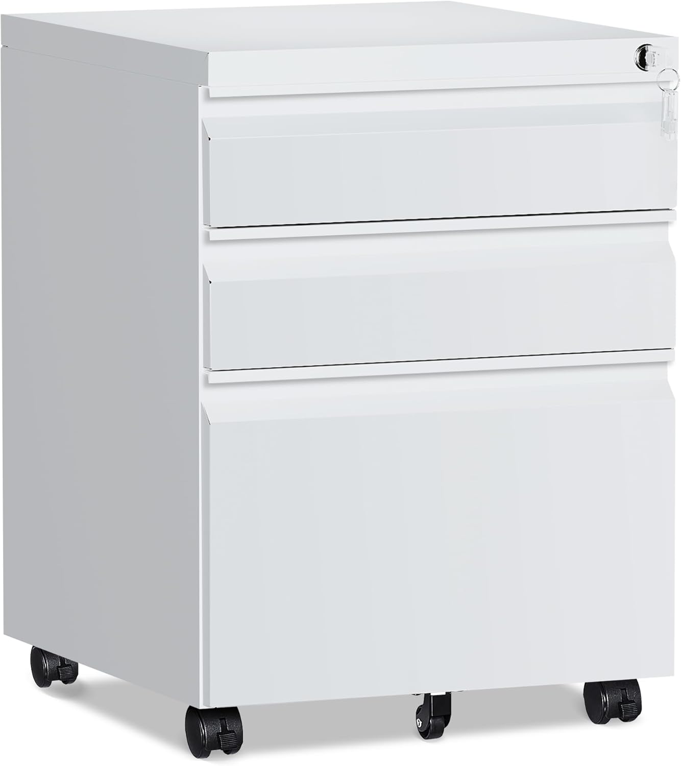3 Drawer File Cabinet，Mobile Filing Cabinet with Lock and Wheels，Fully Assembled Metal Under Desk File Cabinets for A4/Letter/Legal Size（White