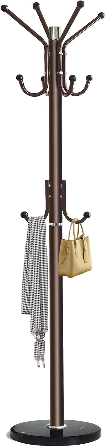Kertnic Modern Coat Rack Freestanding with Natural Marble Base & Sturdy Metal Frame, 11 Hooks Hall Tree for Jackets, Hats, Bags, Entryway Organizer for Bedroom, Living Room, Closet (11 hooks-Bronze)