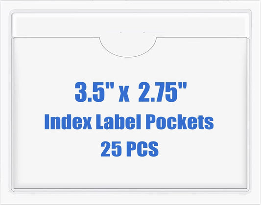 Origin-Joy 25 PCS Self-Adhesive Index Label Pockets, Clear Plastic Peel & Stick Card Holders with Top Open for Loading (3.5 x 2.75 inch)