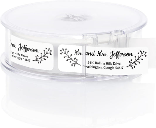 Modern Black and White Rolled Address Labels / 250 Personalized Return Address Labels/Designer Address Stickers in Elegant Plastic Dispenser