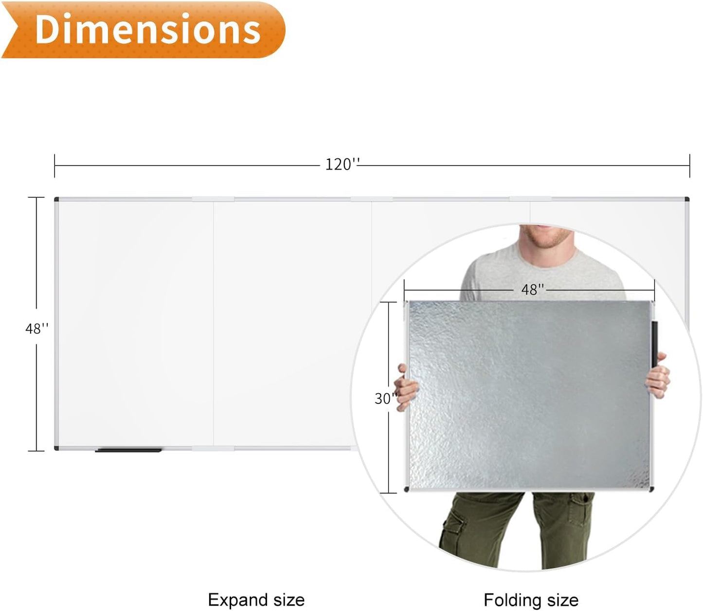 VIZ-PRO Magnetic Dry Erase Board, 120 X 48 Inches, Foldable Wall-Mounted Whiteboard with Silver Aluminum Frame & Marker Tray for School Office and Home 10' X 4'