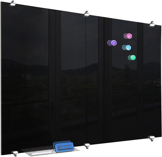 Magnetic Black Glass Dry Erase Board, 72" x 43" ZHIDIAN 2-in-1 Ultra-Large Splicing Black Glass Whiteboard for Wall, Home Office Frameless Glass Blackboard