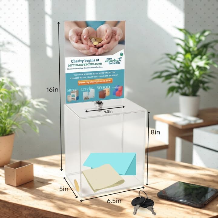 Clear Donation Box for Fundraising with Lock & Display Sign Holder, Raffle Box, Tip Box, Secure Ballot Box and Suggestion Box with Slot, Extra Large Ticket Box Size 16" x 8" x 6"