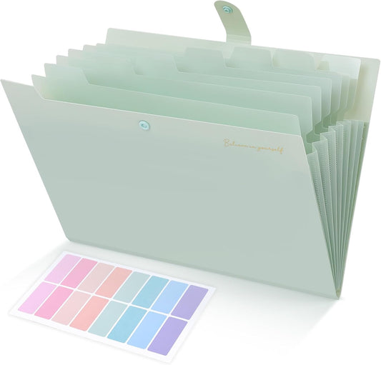 SKYDUE Expanding File Folder, Accordion File Organizer with 8 Pocket & Inner Card Pocket, Expandable Document Paper Receipt Holder for School Office Hospital, Letter/A4 Size Light Green