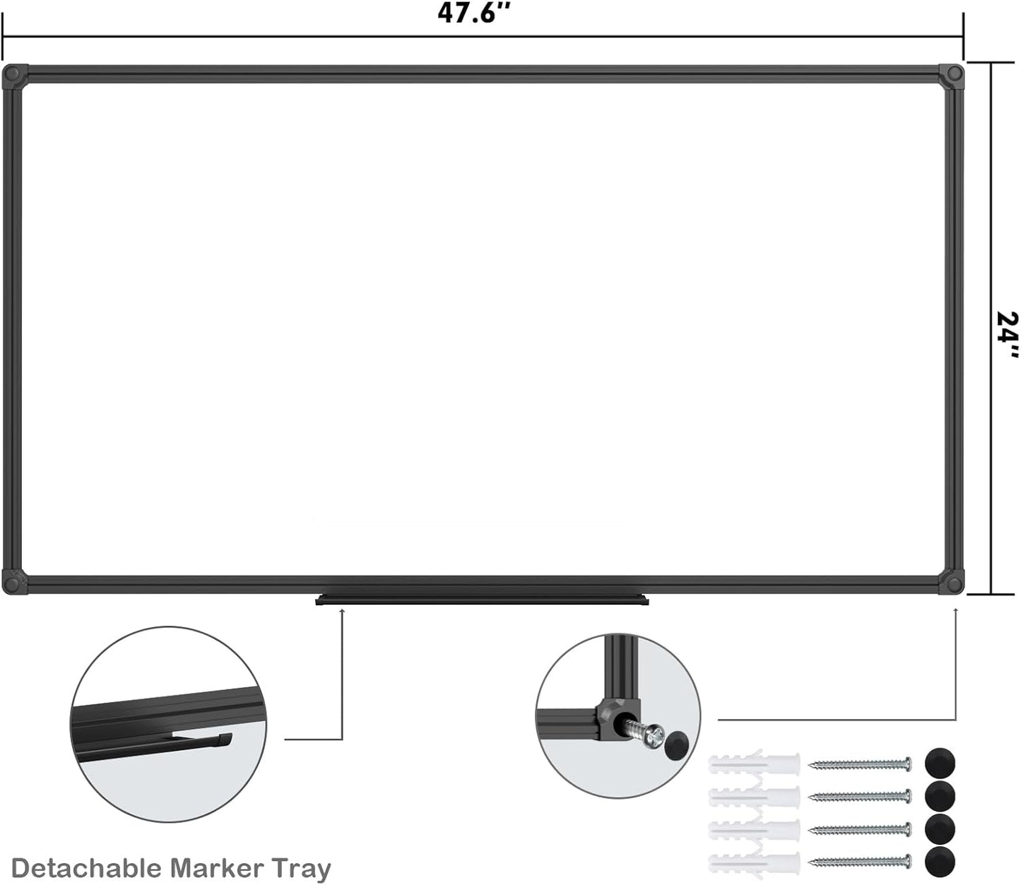 JILoffice Magnetic Whiteboard/White Board, Dry Erase Board 48 x 24 Inch, Black Aluminum Frame Wall Mounted Board for Office Home and School