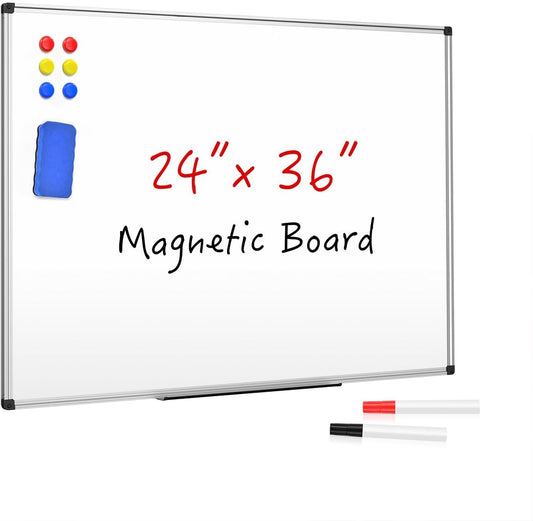 Magnetic Dry Erase Whiteboard 36 x 24 Inch - Small White Board, Silver Aluminum Frame Wall-Mounted, Magnetic Eraser, 2 Pens, Detachable Marker Tray, 6 Magnets for Office, School
