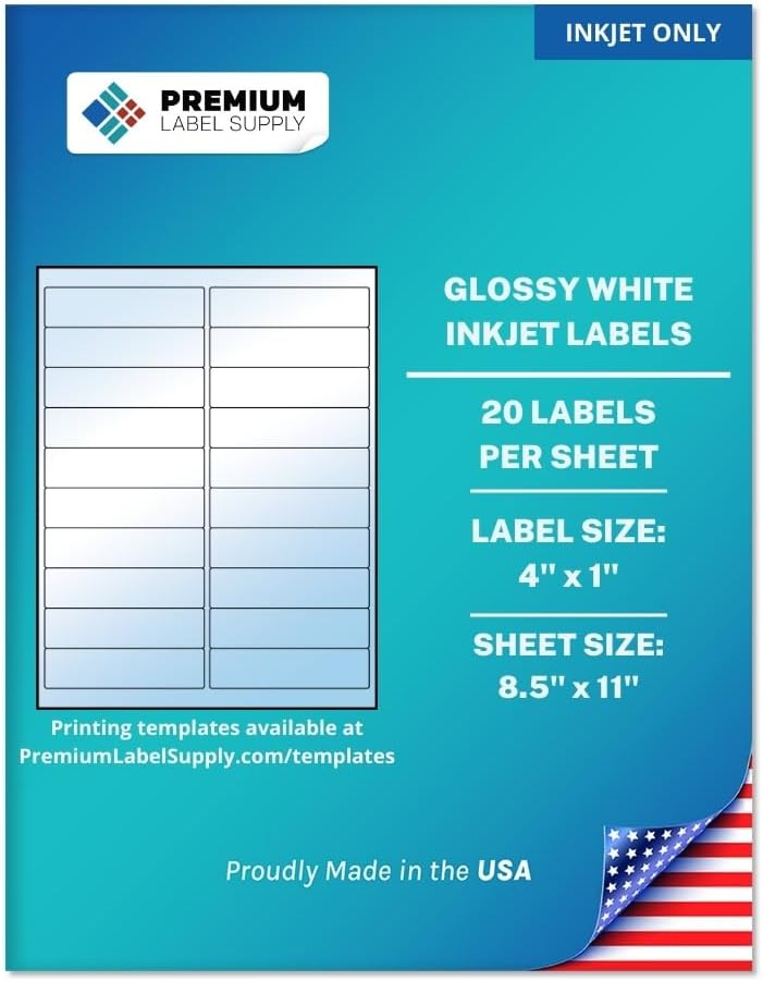 Premium Label Supply Glossy White Address Sticker Labels – 4" x 1" – (20 per Sheet) (Glossy White for Inkjet Only, 500 Labels)