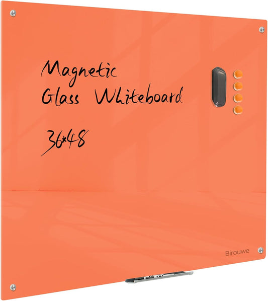 Magnetic Glass Dry Erase Board - White Board 48 x 36 Inch Wall Mounted Glass Whiteboard, Large Frameless Glass White Board for Wall Office, Home & School, Orange