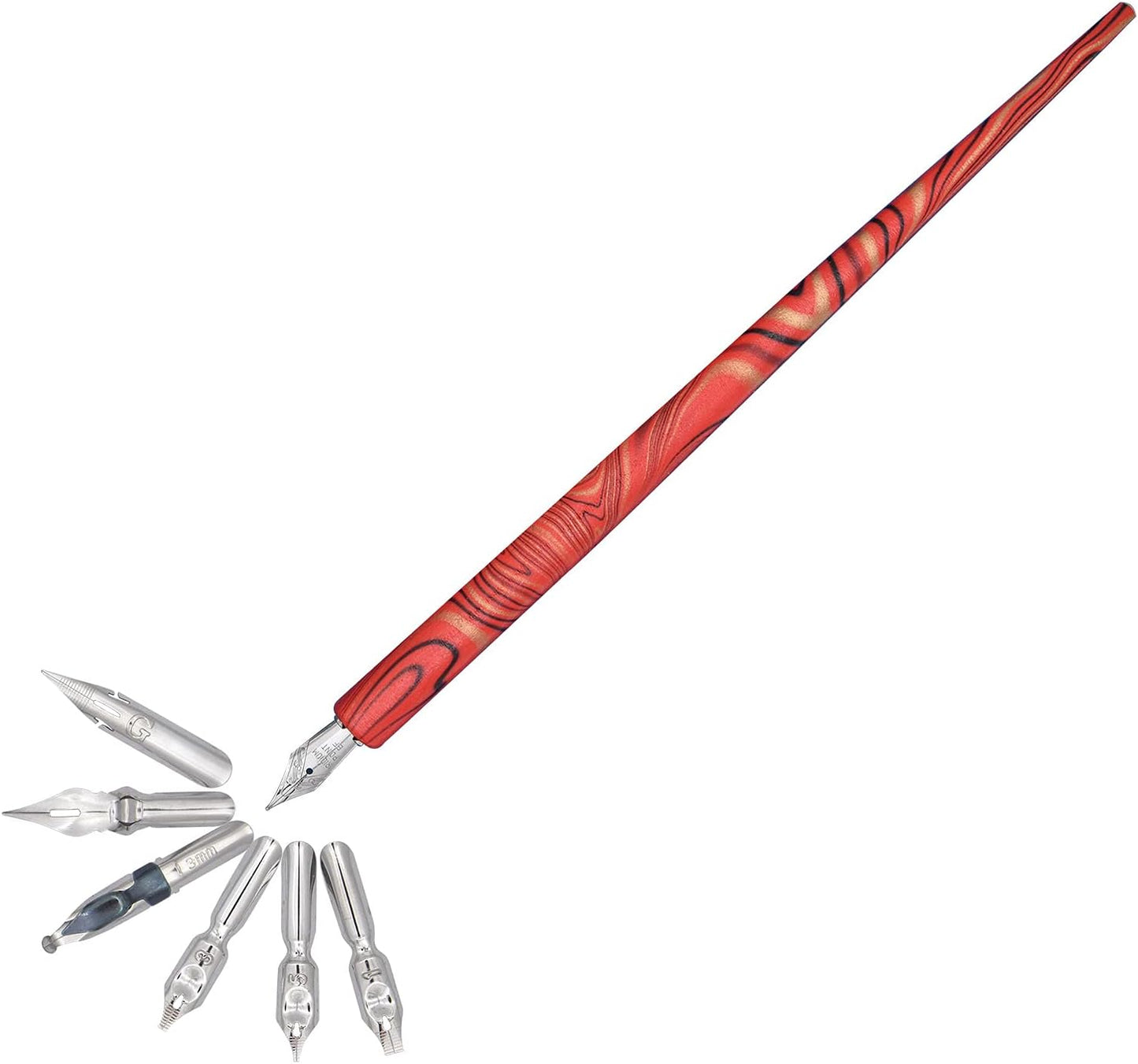 Gullor Wooden Dip Pen Calligraphy Set with Black Ink & 6 Nibs for Beginners, Kids, Writing, Signatures and Drawing, Red