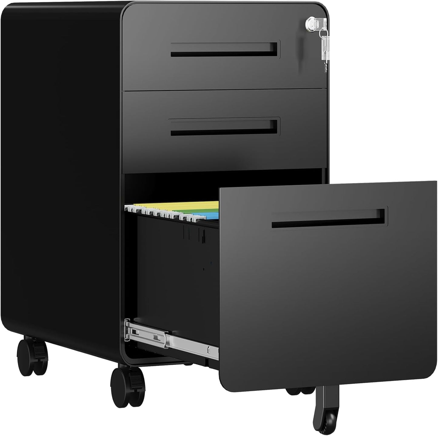 3 Drawer File Cabinet, Fully Assembled Mobile File Cabinets with Lock for Home Office, Metal Rolling Filing Caninet on Wheels, Three Drawer Under Desk Cabnet for Letter/Legal / A4 - Black